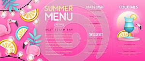 Restaurant summer menu design with 3D plastic cocktail, tropic fruits and flamingo.
