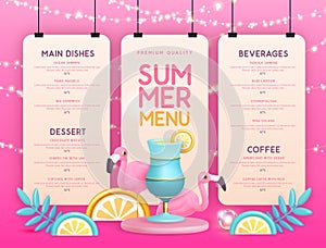 Restaurant summer menu design with 3D plastic cocktail, tropic fruits and flamingo.