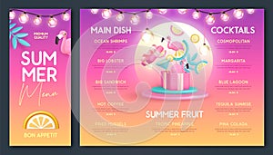 Restaurant summer menu design with 3D plastic cocktail, tropic fruits and flamingo.