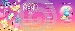 Restaurant summer menu design with 3D plastic cocktail, tropic fruits and flamingo.