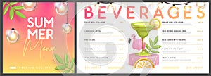 Restaurant summer menu design with 3D plastic cocktail, tropic fruits and flamingo.