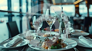 Restaurant table with food and drinks in a luxury cruise ship, Generative AI illustrations