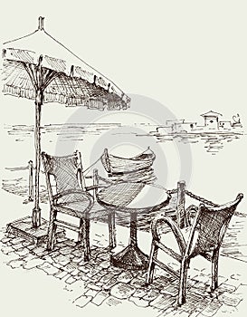 Restaurant table on sea shore sketch