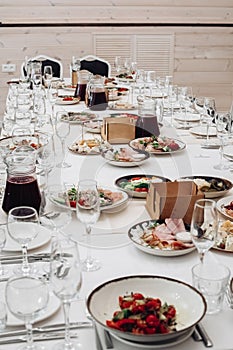 restaurant table setting, banquet, dishes are on the table