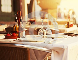 Restaurant table at sunset