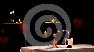 Restaurant table for two, romantic atmosphere on Valentines Day, celebration