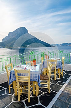 Restaurant and tableclothes in Greek colors