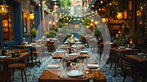 A restaurant with tables and chairs set up for a meal, AI photo