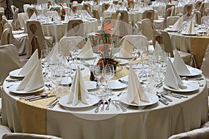 Restaurant tables set for business event