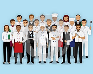 Restaurant team characters in uniform. Group of catering service people chef cook waiters and barman.