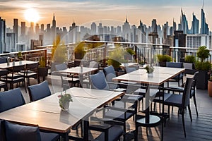 Restaurant terrace roof with tables and chairs overlooking the cityscape and skylines background