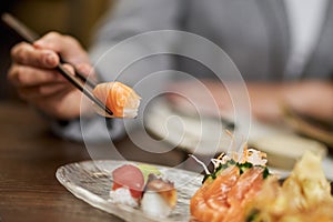 Restaurant using chopsticks for eating sushi