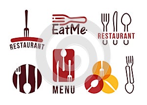 Restaurant vector logo set, flat cartoon style. Fork, knife and spoon, barbecue sausage, modern graphics for restaurant