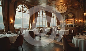 A restaurant with a view of the ocean, with a chandelier hanging from the ceiling.