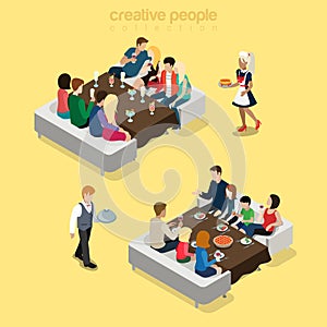 Restaurant waiter flat isometry food meal vector family dinner