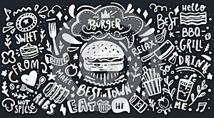 Restaurant Wall typography. Vector Food BBQ background, motivational cafe menu with lettering on chalkboard