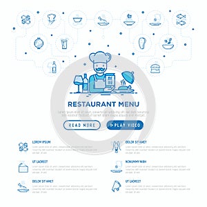 Restaurant web page template, chef with menu. Thin line icons: starters, chef dish, BBQ, soup, beef, steak, beverage, fish, salad,