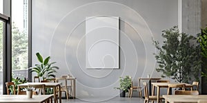 A restaurant with a white wall and a large empty picture frame by AI generated image