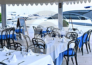 Restaurant at a yacht harbor.