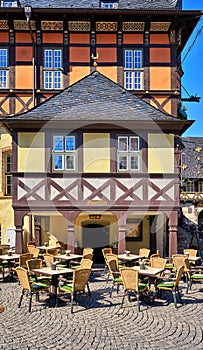 Restaurante in an old historic half-timbered house in Wernigerode. Germany photo
