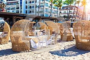 Restaurants and cafes with ocean views on Playa De Los Muertos beach and pier close to famous Puerto Vallarta Malecon