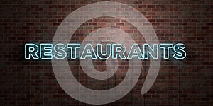 RESTAURANTS - fluorescent Neon tube Sign on brickwork - Front view - 3D rendered royalty free stock picture