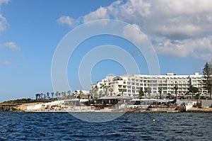 Restaurants and pool Bugibba beach, Malta