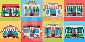 Restaurants and shops facades. Old shop building, market store and restaurant buildings exterior flat vector photo