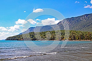 Restful beach scene in Turkey. Mountains shadow an idyllic bay