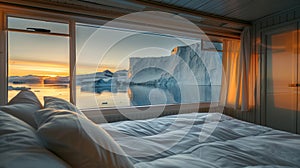 A restful night in a warm and cozy cabin with the mesmerizing sight of the midnight sun reflecting off the icebergs photo