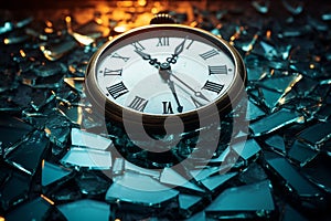 Resting atop broken glass, a shattered clock symbolizes halted time\'s fragments.