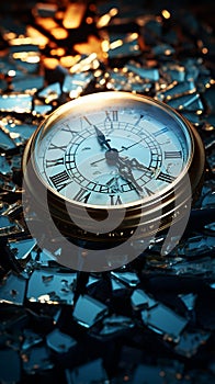 Resting atop broken glass, a shattered clock symbolizes halted time\'s fragments.