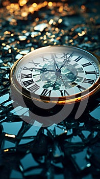 Resting atop broken glass, a shattered clock symbolizes halted time\'s fragments.