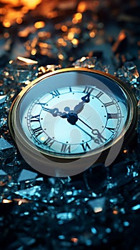 Resting atop broken glass, a shattered clock symbolizes halted time\'s fragments.
