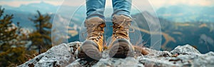 Resting atop the mountain: A young woman hiker enjoys panoramic view of nature after a fulfilling adventure