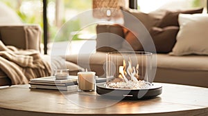 Resting atop a sy base this tabletop fireplace is both practical and elegant. 2d flat cartoon photo