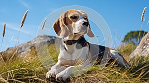 Resting Beagle Dog On Rocky Hills With Blue Sky photo