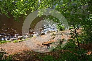 Resting bench at the shore of a moor pond