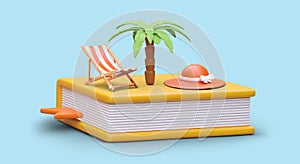 Resting with book. Deckchair, palm tree, sun hat on giant tome