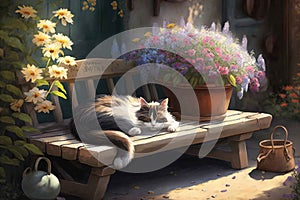 resting in garden on wooden bench with flowers and sunbathing cat cozy backyard