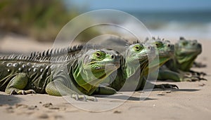 Resting iguana on sandy coastline, enjoying the tropical beauty generated by AI