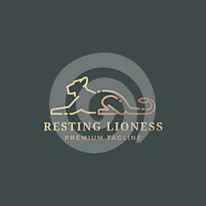 Resting Lioness Abstract Vector Sign, Emblem or Logo Template. Line Style Gracefull Lying Lioness Silhouette with