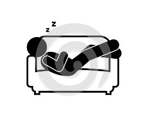 Resting man icon, stick figure human silhouette sleeping on stickman couch