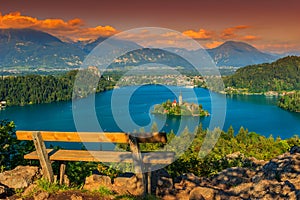 Resting place and Bled Lake panorama,Slovenia,Europe