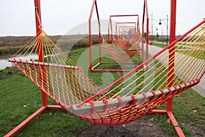Resting place by the river, hammocks.