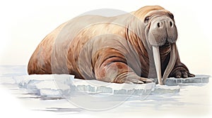 Resting Walrus with Long Tusks on White Background AI Generated