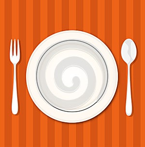 Restorant table with fork, knife and plate. Vector illustration.