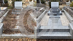 Before and after. Restoration and cleaning of cemetery tombstone, beautiful polished gray granite