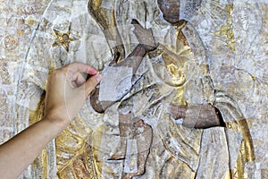 Restoration: close up. conservation of paintings. conservation of sculptures