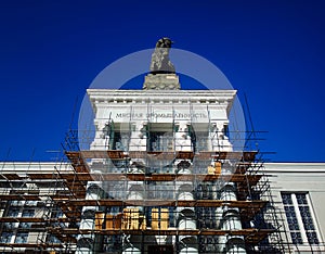 Restoration of meat industry pavilion on VDNKH background